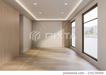 Empty bright mockup room with glass window and ceiling lamp with white wall and wooden parquet floor Empty bright mockup room with glass window and ceiling lamp with white wall and wooden parquet floor 134176949