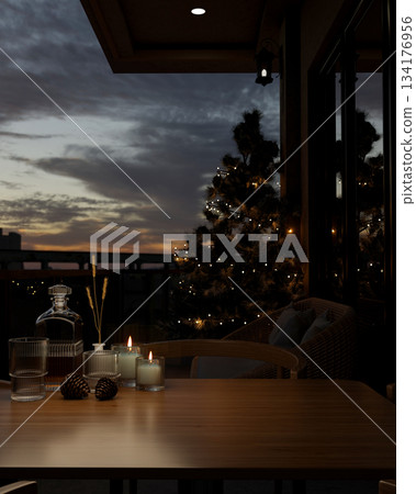 Alcohol bottle and glass cup with candles on wooden table and Christmas trees at balcony in evening Alcohol bottle and glass cup with candles on wooden table and Christmas trees at balcony in evening 134176956