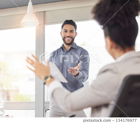 Meeting, question and man at proposal, workshop or project presentation for growth and development. Success, investment pitch and ideas from woman, faq for target goals for planning in startup office 134176977