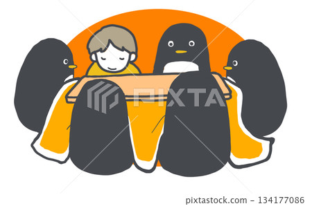Illustration of penguins warming up under a kotatsu Illustration of penguins warming up under a kotatsu 134177086