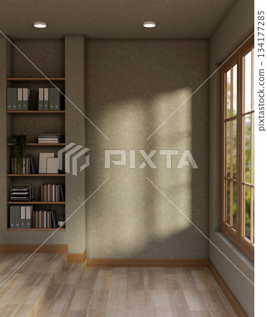 Teal green painted wall and window along wooden parquet floor corridor or hallway with bookshelf. Teal green painted wall and window along wooden parquet floor corridor or hallway with bookshelf. 134177285