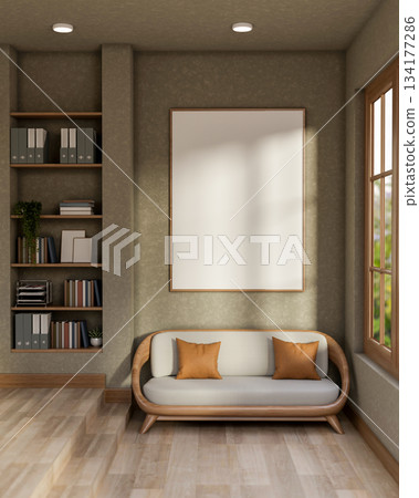Blank frame on green painted wall and wooden sofa on parquet floor aside bookshelf and stairs. Blank frame on green painted wall and wooden sofa on parquet floor aside bookshelf and stairs. 134177286