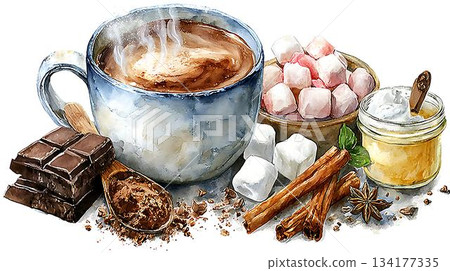 hot chocolate with marshmallows 134177335