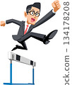 A man in a suit wearing glasses jumping over a hurdle 134178208