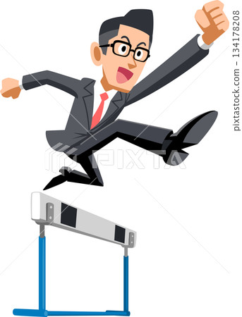 A man in a suit wearing glasses jumping over a hurdle A man in a suit wearing glasses jumping over a hurdle 134178208