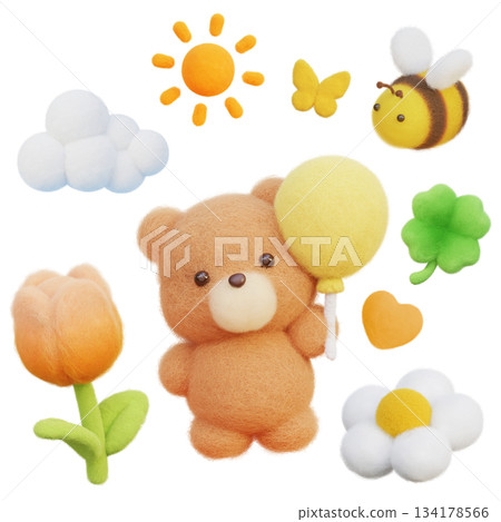 Cute Fluffy Bear with Balloon and Pastel Spring Elements Collection Cute Fluffy Bear with Balloon and Pastel Spring Elements Collection 134178566