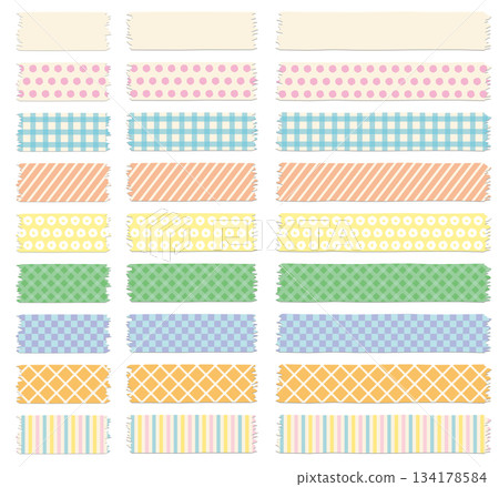 一組各種形狀的遮蔽膠帶和膠帶圖示的向量插圖 134178584