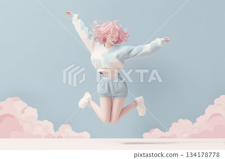 艾米系列：粉紅色頭髮的跳躍女郎，清新、活力四射、快樂 134178778