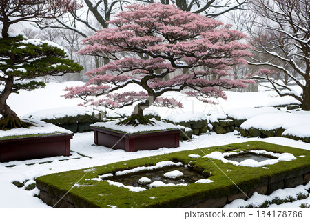一片寧靜的景色,白雪覆蓋的日式庭園和長滿青苔的岩石。 一片寧靜的景色,白雪覆蓋的日式庭園和長滿青苔的岩石。 134178786