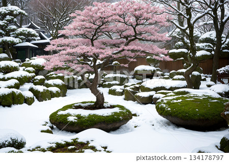 冬日靜謐籠罩著一座日式盆景苔蘚花園 冬日靜謐籠罩著一座日式盆景苔蘚花園 134178797