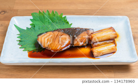 Japanese Yellowtail Teriyaki on Wooden Background 134178960
