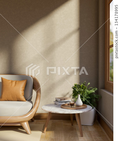 Coffee cup and white vase over wooden tray on marble table aside sofa and window with sunshine upon. Coffee cup and white vase over wooden tray on marble table aside sofa and window with sunshine upon. 134178995