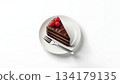 Chocolate cake with raspberries on a white background 134179135