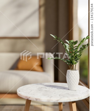 Green leaves houseplant in white ceramic pot on round marble table across sofa in modern living room 134179144