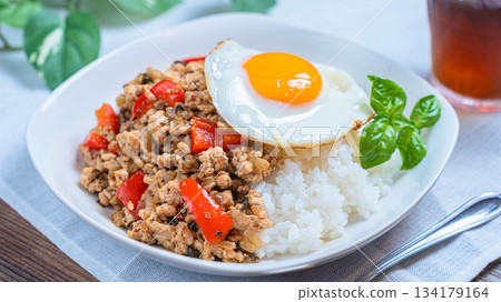 Colorful gapao rai with basil and fried egg 134179164