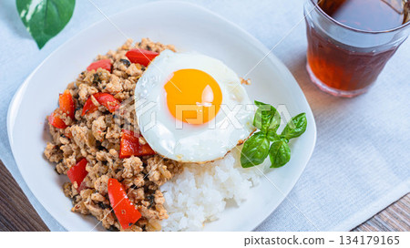 Colorful gapao rai with basil and fried egg 134179165