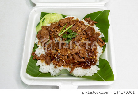 pork garlic fried on rice in box pork garlic fried on rice in box 134179301