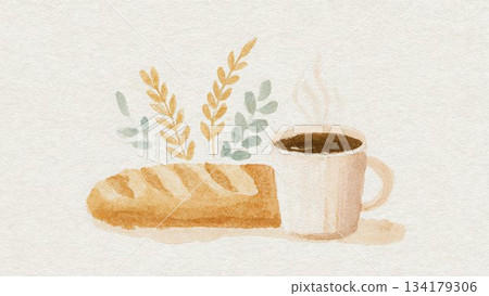 熱騰騰的麵包和熱騰騰的咖啡水彩插圖 134179306