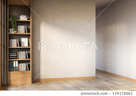 Bookshelf aside white wall on wooden parquet floor corridor or hallway in a room of modern house Bookshelf aside white wall on wooden parquet floor corridor or hallway in a room of modern house 134179861