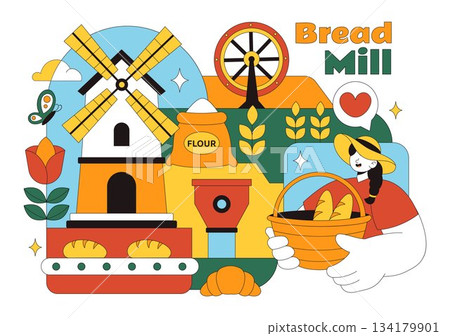Bread Mill Vector Illustration Featuring Wheat Sacks, Assorted Breads, and a Windmill for Bakery Products in a Flat Style Cartoon Background 134179901