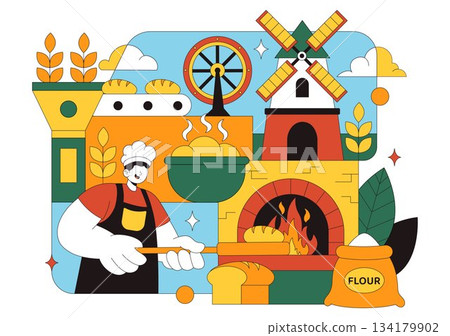 Bread Mill Vector Illustration Featuring Wheat Sacks, Assorted Breads, and a Windmill for Bakery Products in a Flat Style Cartoon Background 134179902