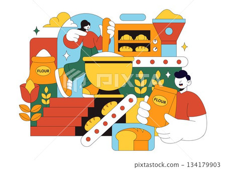 Bread Mill Vector Illustration Featuring Wheat Sacks, Assorted Breads, and a Windmill for Bakery Products in a Flat Style Cartoon Background 134179903