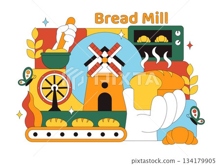 Bread Mill Vector Illustration Featuring Wheat Sacks, Assorted Breads, and a Windmill for Bakery Products in a Flat Style Cartoon Background 134179905