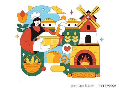 Bread Mill Vector Illustration Featuring Wheat Sacks, Assorted Breads, and a Windmill for Bakery Products in a Flat Style Cartoon Background 134179906