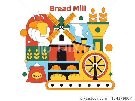 Bread Mill Vector Illustration Featuring Wheat Sacks, Assorted Breads, and a Windmill for Bakery Products in a Flat Style Cartoon Background 134179907