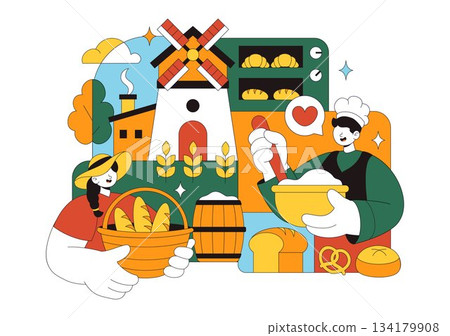 Bread Mill Vector Illustration Featuring Wheat Sacks, Assorted Breads, and a Windmill for Bakery Products in a Flat Style Cartoon Background 134179908