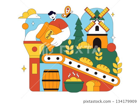 Bread Mill Vector Illustration Featuring Wheat Sacks, Assorted Breads, and a Windmill for Bakery Products in a Flat Style Cartoon Background 134179909