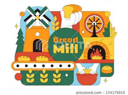 Bread Mill Vector Illustration Featuring Wheat Sacks, Assorted Breads, and a Windmill for Bakery Products in a Flat Style Cartoon Background Bread Mill Vector Illustration Featuring Wheat Sacks, Assorted Breads, and a Windmill for Bakery Products in a Flat Style Cartoon Background 134179910