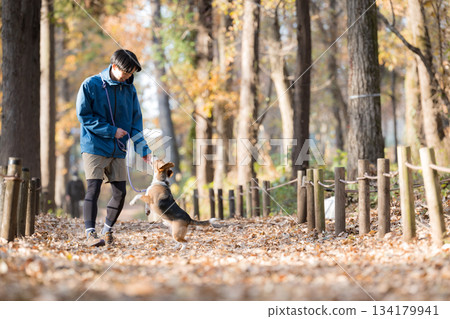 一位微笑的男子在秋日的公園帶著他的狗散步，享受著與寵物相處的時光。 134179941