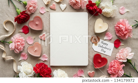 Notebook with Carnation Flowers and Heart-Shaped Candle 134179972