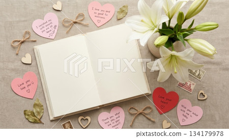 Notebook with White Lilies and Heart-Shaped Notepaper Notebook with White Lilies and Heart-Shaped Notepaper 134179978