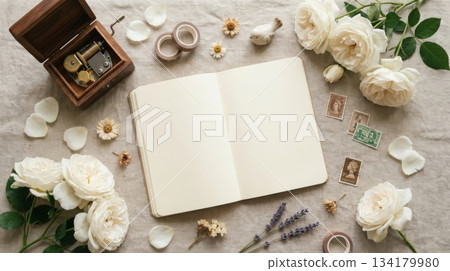 Notebook with Small Music Box and White Roses Notebook with Small Music Box and White Roses 134179980