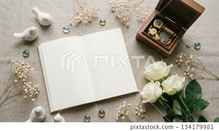 Notebook with Small Music Box and White Roses Notebook with Small Music Box and White Roses 134179981