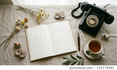 Notebook with Vintage Phone and Tea Cup Notebook with Vintage Phone and Tea Cup 134179982