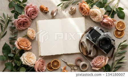 Notebook with Film Camera and Dried Rose 134180007