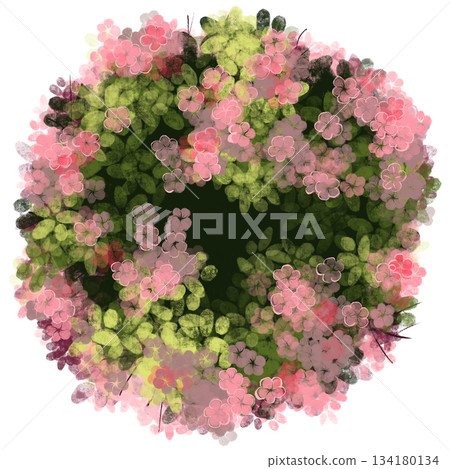 abstract, top down view of a dense, circular cluster of flowers and foliage. The dominant colors are various shades of vibrant pink and fresh lime green, creating a rich texture that suggests a natura 134180134