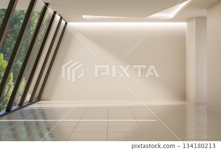 Empty white wall room and ceiling lights with sunlight through sloped glass window over tiles floor Empty white wall room and ceiling lights with sunlight through sloped glass window over tiles floor 134180213