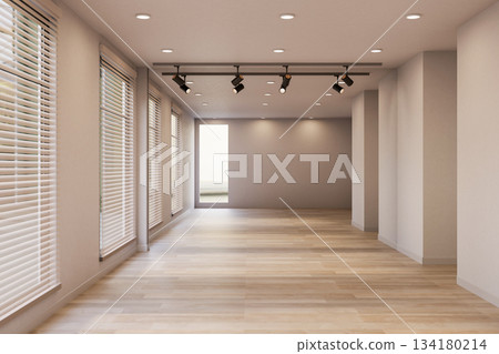 Empty modern room with blinds on glass windows and ceiling spotlight lamps over wooden parquet floor 134180214
