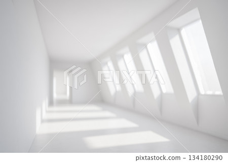 Bright modern hallway with row of big windows, white walls, empty interior, sunlit minimalist apartment, office or gallery, contemporary clean real estate, copyspace for design, horizontal background 134180290