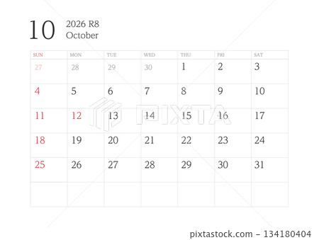 2026年10月附橫格紙的日曆 134180404