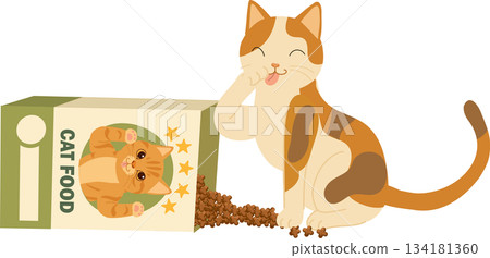 cat eating beside cat food box. A happy calico cat beside scattered kibble reflects 134181360