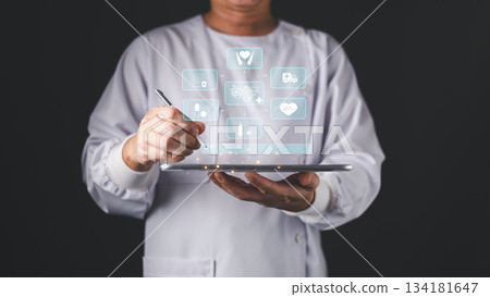 medical professional with a digital tablet displaying floating icons of healthcare, AI, diagnostics, and treatment tools, symbol the integration of medical tech in modern healthcare solutions. medical professional with a digital tablet displaying floating icons of healthcare, AI, diagnostics, and treatment tools, symbol the integration of medical tech in modern healthcare solutions. 134181647