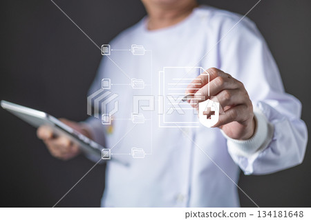 A healthcare professional uses a digital tablet to access and manage secure medical records, represented by floating file and document icons with a health cross symbolizing data protection and care. A healthcare professional uses a digital tablet to access and manage secure medical records, represented by floating file and document icons with a health cross symbolizing data protection and care. 134181648