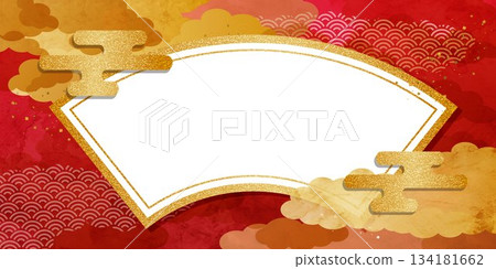 華麗的日式相框,飾以金色雲朵和紅色背景 華麗的日式相框,飾以金色雲朵和紅色背景 134181662