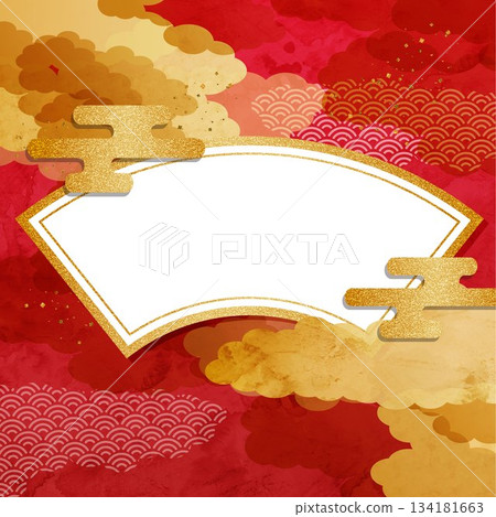 Ornate Japanese-style frame with gold clouds and a red background 134181663