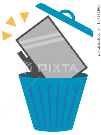 插圖描繪了將電視機放入垃圾桶的過程，表示丟棄或處置。 134181666